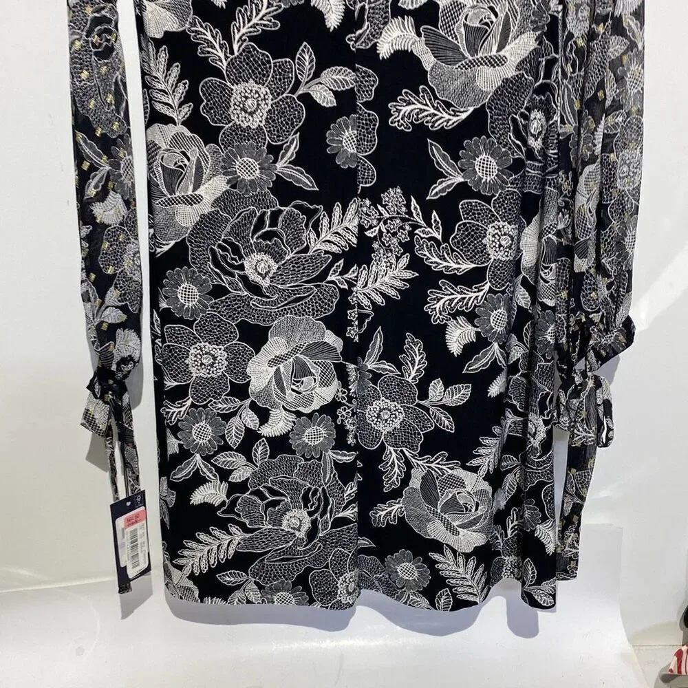 Tommy Hilfiger Women's‎ Black White Floral Long Sleeve A-Line Dress Size 6 NWT